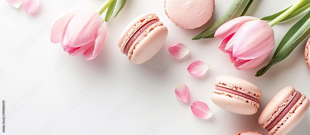 Poster White background with pink tulips and macaron cookies features a copy space image
