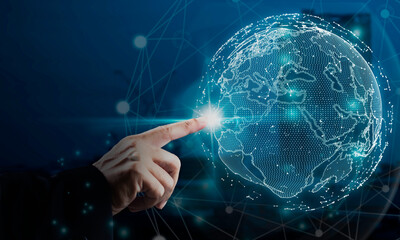Businessman pointing global internet network connection, smart city background, data exchange, e-commerce. Digital technology, internet global network technology concept.