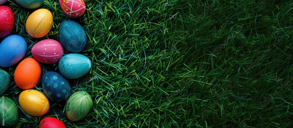 Poster easter eggs arranged on green grass with copy space image