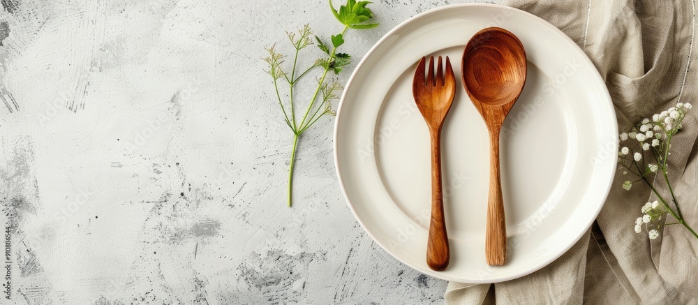 Aufkleber rustic vintage dining set with a wooden spoon fork and white plate on a napkin made from water hyaci