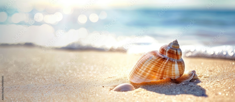 Aufkleber seashell on sandy beach with copy space image