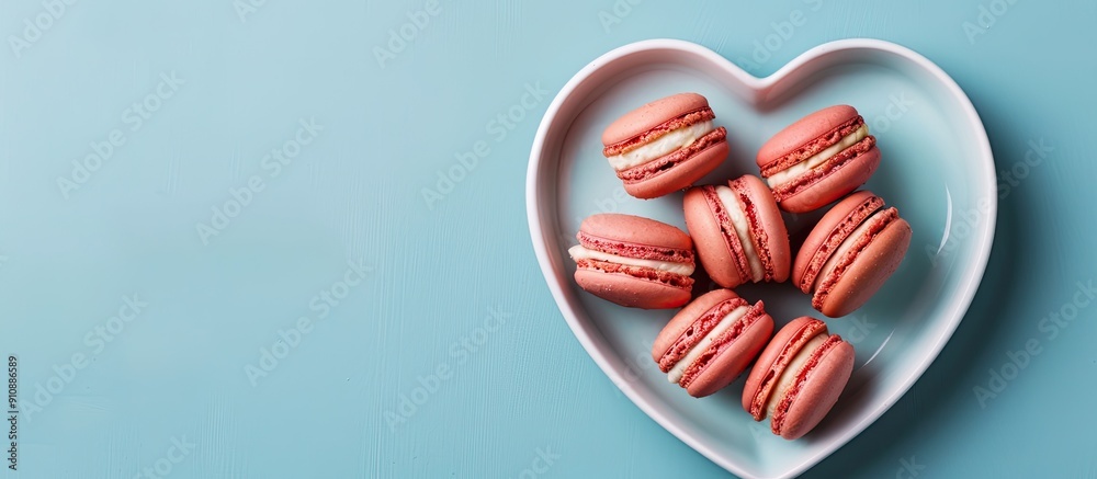 Poster top view flat lay of a valentine s day greeting card with macaroons on a heart shaped plate against 