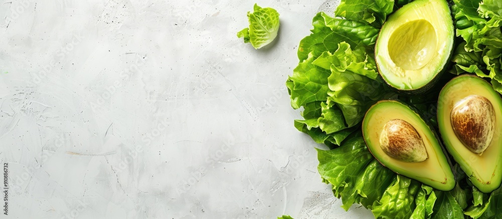 Poster Top down view of a salad concept featuring nutritious ingredients like avocado and lettuce on a food background with ample copy space for text integration