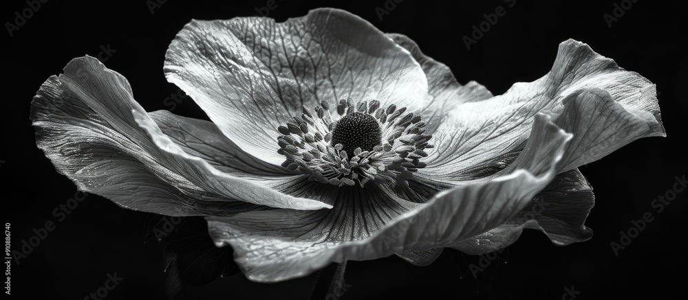 Aufkleber Macro photograph of a single anemone blossom in monochrome isolated on a black background featuring a wide open bloom with intricate detail perfect for copy space image