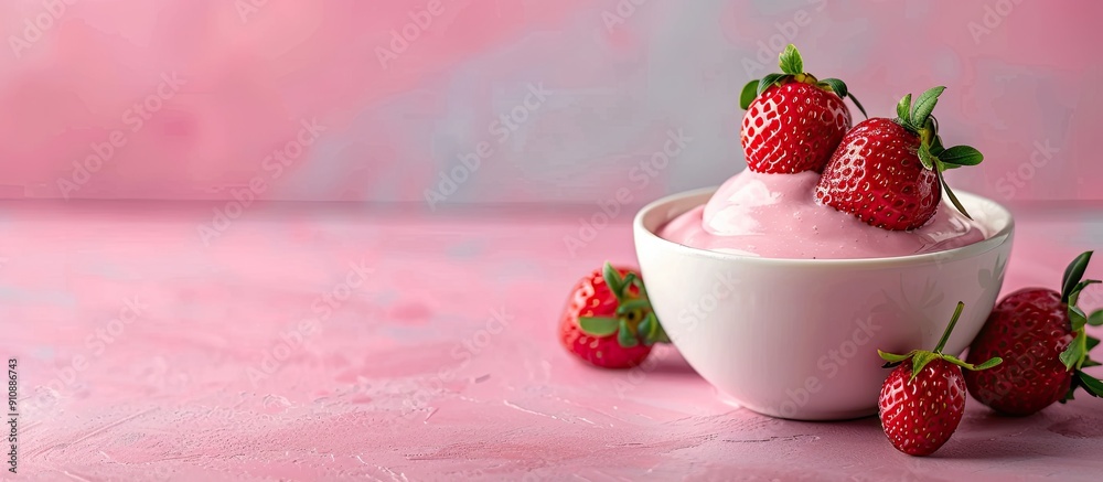 Fototapete selective focused strawberry yogurt displayed on a table with copy space image