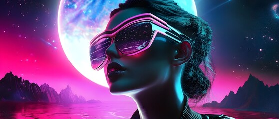Obraz premium Captivating synthwave influenced digital art piece featuring a mesmerizing futuristic landscape with vibrant neon hues glowing celestial elements and a dreamlike cosmic atmosphere