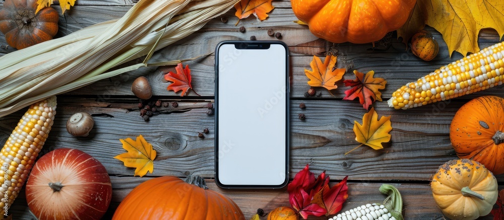 Poster Mobile phone with empty white screen surrounded by autumnal vegetables including pumpkins corn and yellow leaves on a wooden background with ample copy space image