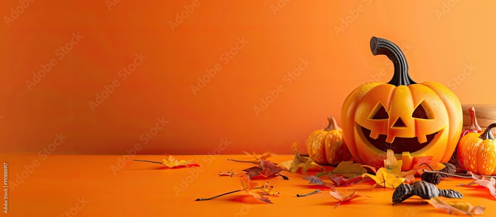 Poster halloween themed concept with a pumpkin and kitchen props on an orange background suitable for addin