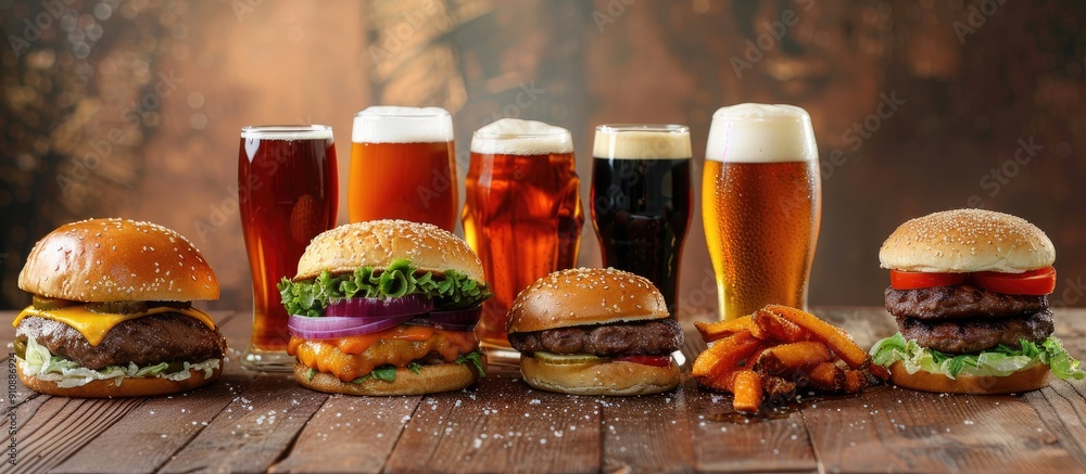 Poster Set of beers available with a variety of burger options with room for the image of your choice. Creative banner. Copyspace image