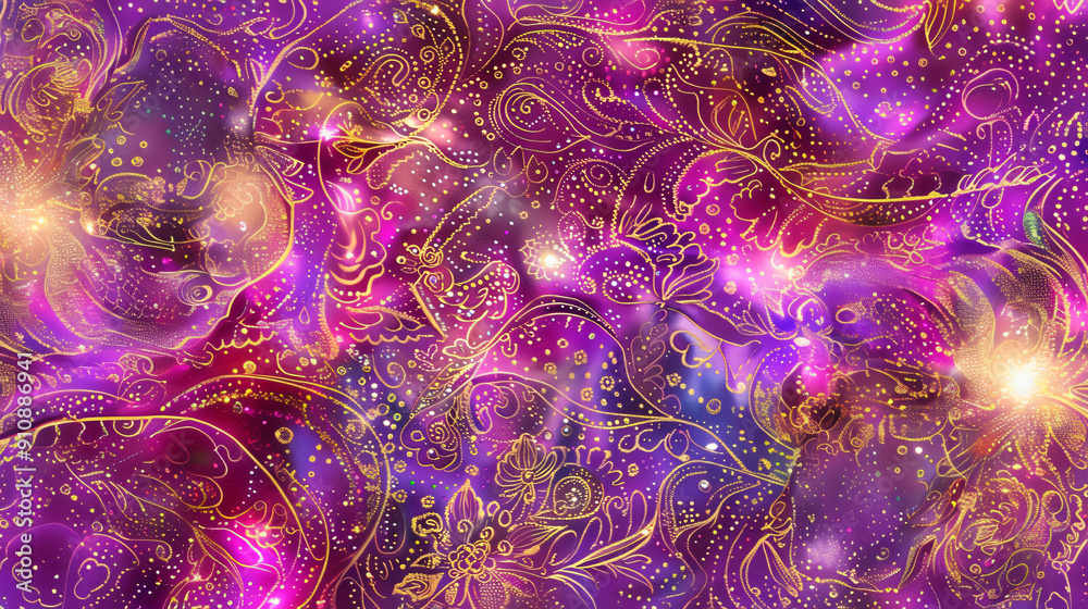 Poster golden paisley pattern creating a mystical and enigmatic universe against a purple backdrop