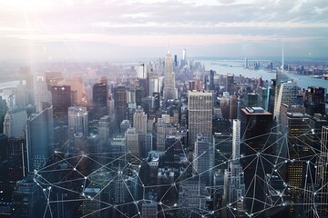 Cityscape with network connection overlay, illustrating digital connectivity and urban infrastructure.