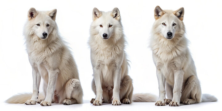A group of four Arctic wolves sitting and standing together, showcasing their thick white fur and piercing eyes. Ideal for wildlife and nature-themed projects