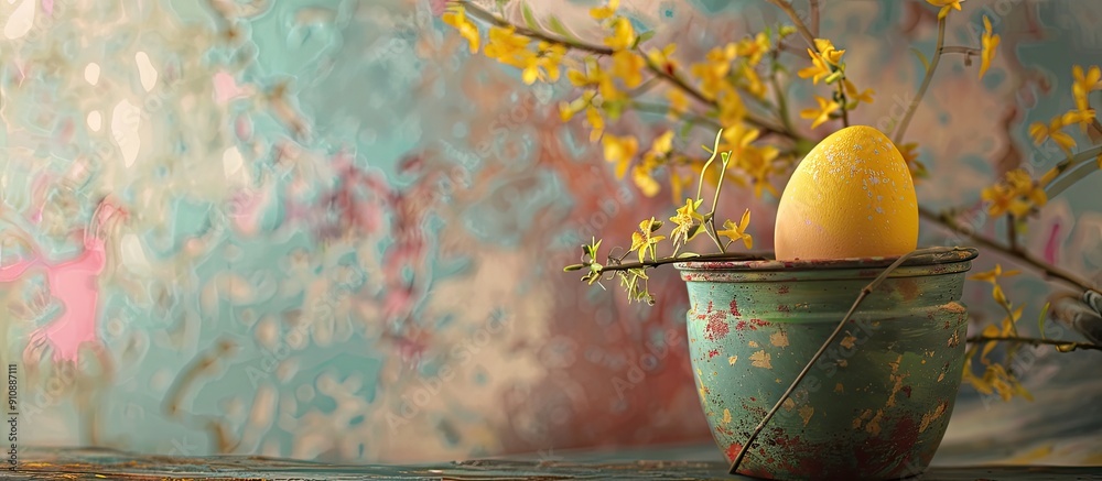 Aufkleber an easter themed image featuring a yellow easter egg nestled in a decorative bucket against a colorf