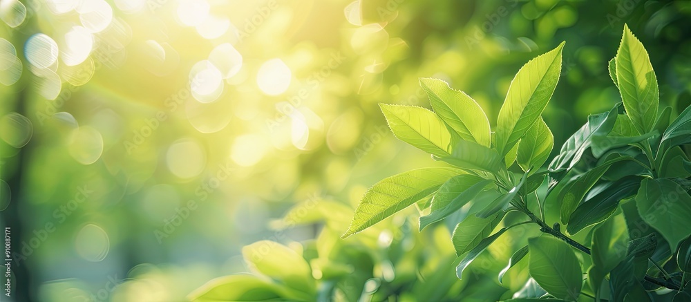 Poster Soft focus image of a green tree in nature with blurred sunlight creating a peaceful woodland backdrop with copy space image