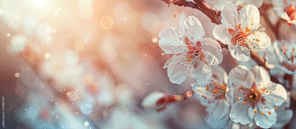 Poster Macro photo of a flowering apricot tree in spring with lovely white blossoms suitable as a natural seasonal background with some empty space for text or elements. Creative banner. Copyspace image