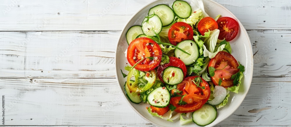 Canvas Prints Top down view of a tasty salad comprising Chinese cabbage tomatoes and cucumber with dressing presented on a white wooden surface for a copy space image opportunity