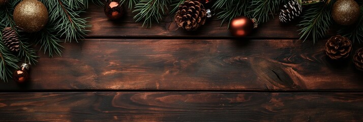A rustic wooden surface adorned with pine branches and pine cones, perfect for bringing a sense of natural coziness and festive mood.