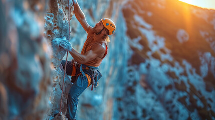 A man, climbing, light background, natural light. Generative AI.