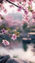 Obraz premium Cherry Blossom Branch with Pink Flowers in Japanese Garden Background
