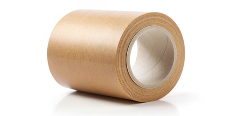 A roll of brown adhesive paper tape isolated on a white background, showcasing its texture and cylindrical shape. Perfect for crafting and office supply content