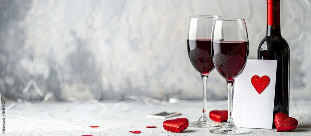 Aufkleber valentine s day themed backdrop featuring wine glasses a bottle of red wine and a greeting card agai
