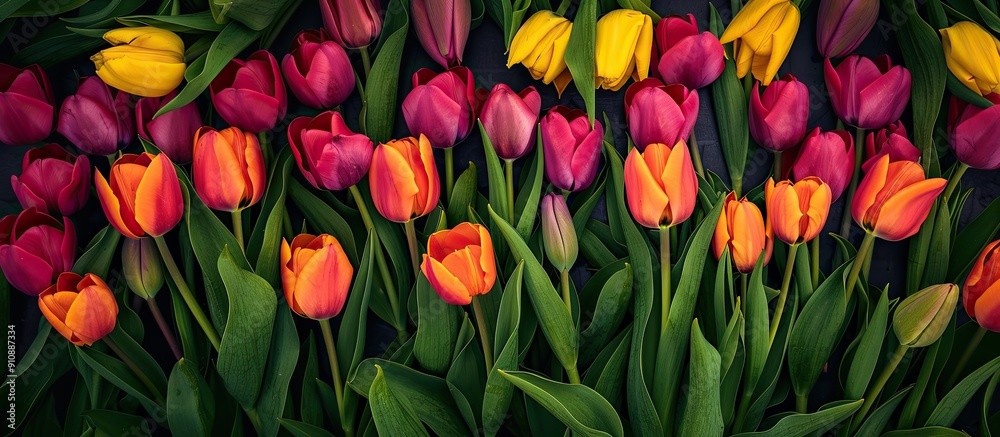 Fototapete easter themed tulips seen from above in a vibrant display with copy space image