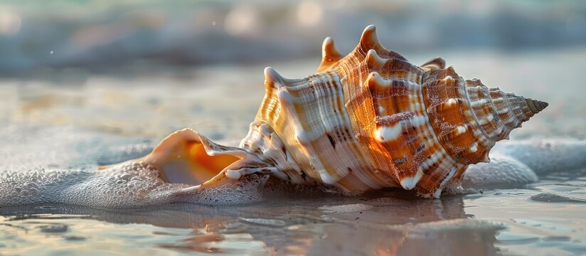 A large spider conch shell Lambis truncata is seen on the beach with a clear background for adding text or other elements copy space image