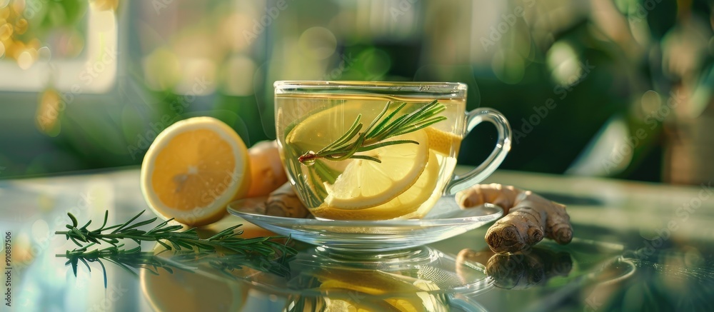 Poster glass cup with green tea lemon ginger and rosemary on a glass table incorporating copy space image i