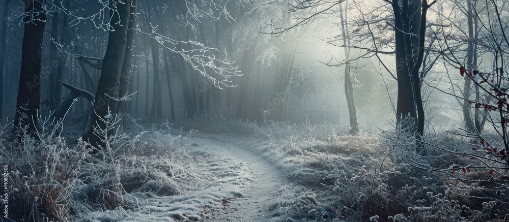 Leinwandbilder winter scene of a frost covered forest path with mist perfect for a copy space image