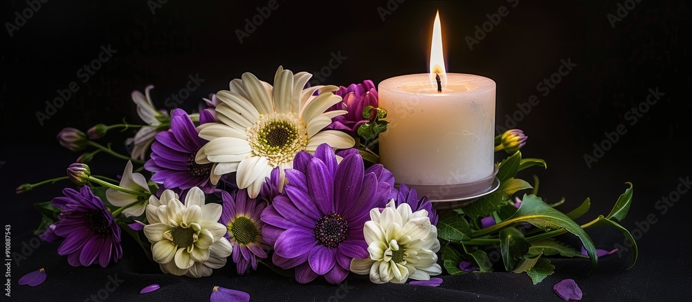 Aufkleber purple and white flowers arranged with a glowing white candle symbolizing sympathy and condolences s