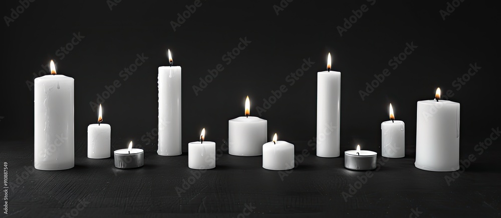Leinwandbilder Various sizes of white candles burning on a black background creating a tranquil ambiance with copy space for an image