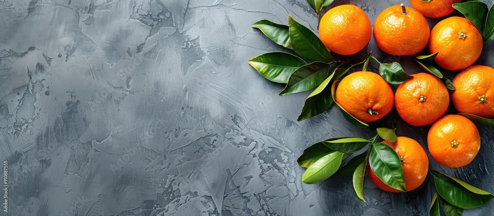 Poster tasty tangerines on a grey backdrop with copy space image