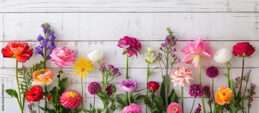 Poster flowers displayed on a white wooden backdrop with copy space image available