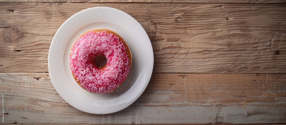 Leinwandbilder Top view of a single pink donut displayed on a plate atop a wooden table with room for additional text or images in the frame