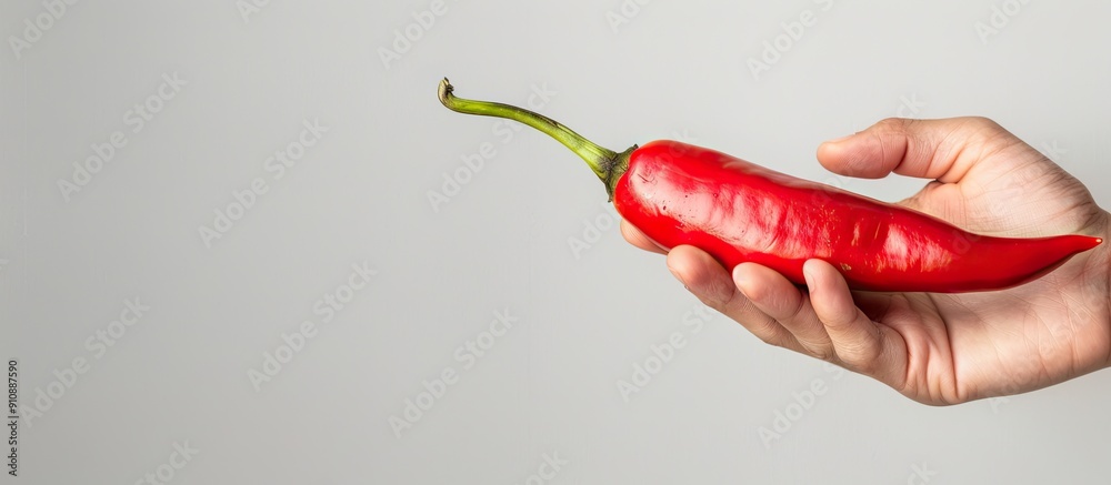 Poster large red chili held with copy space image