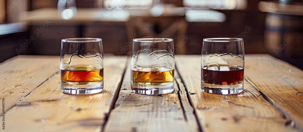 Poster Three glasses of alcohol arranged neatly on a wooden table with ample copy space image