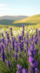 Obraz premium Lifelike Lavender Field with Vibrant Purple Flowers and Dreamy Rolling Hills Background
