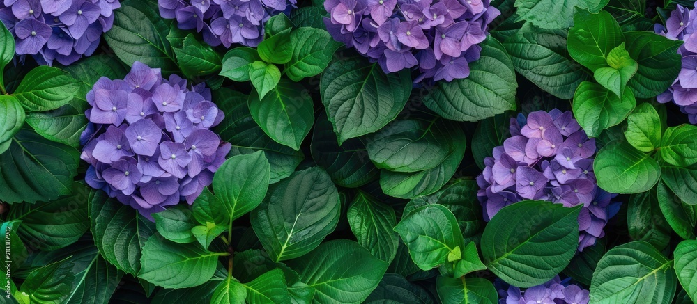 Poster lush green foliage surrounds vibrant purple hydrangeas in full bloom set against a serene backdrop w