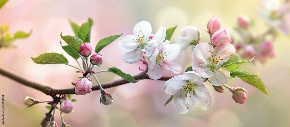 Aufkleber Springtime apple tree branch with flowers captured in a photo with a shallow depth of field creating a pleasing copy space image