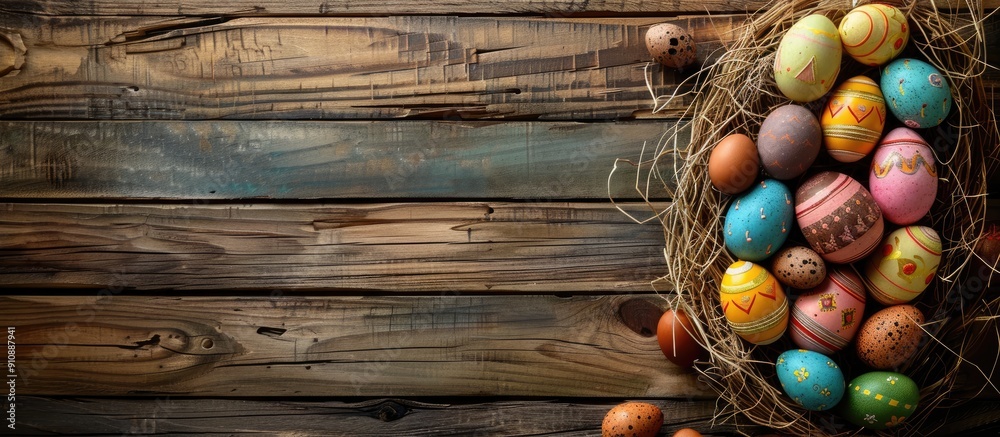 Poster Rustic wooden boards display a colorful Easter scene with eggs in a nest ideal for a copy space image