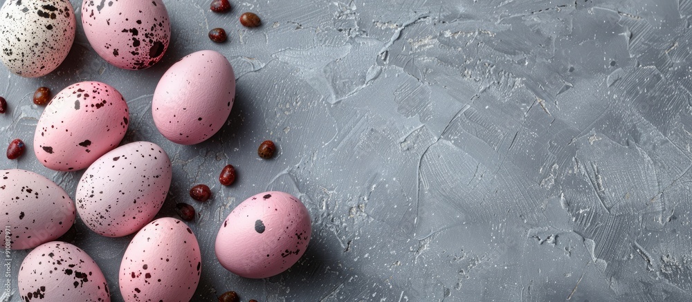 Aufkleber Happy Easter holiday featuring pink quail eggs on a gray background in a flat lay composition with copy space image