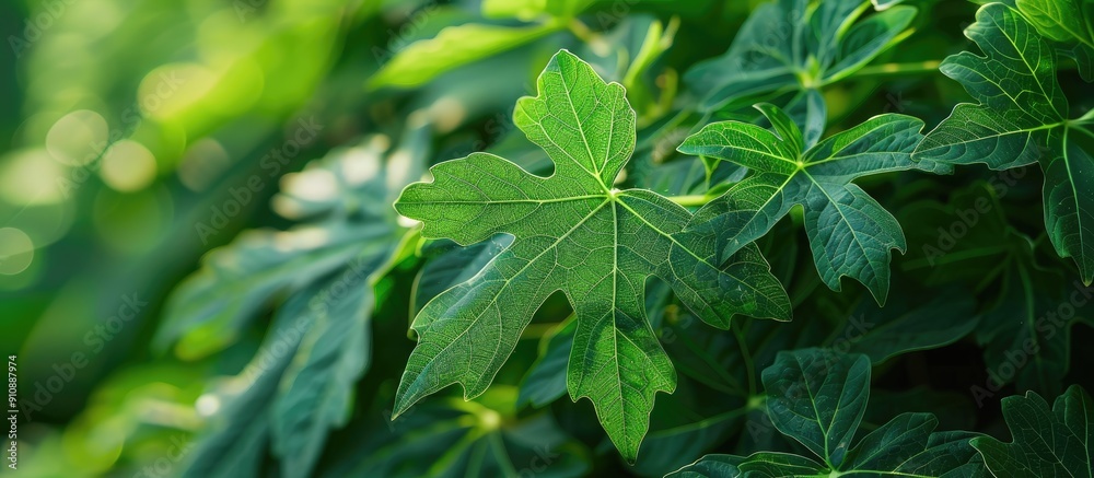 Poster nature view of a papaya leaf against a green garden backdrop with copy space image for a fresh wallp