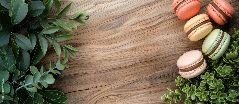 Aufkleber macaroon displayed with plants on a wooden floor with copy space image
