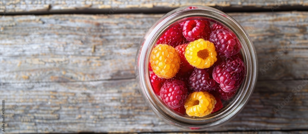 Poster Red and yellow raspberries in a glass jar on a rustic wooden surface with ample copy space image