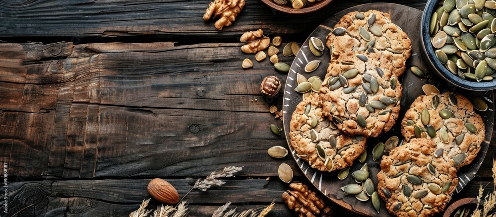 Poster fitness cookies with pumpkin seeds nuts on a wooden table in monochrome colors flat lay with copy sp