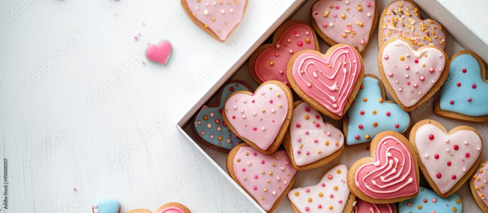 Aufkleber Heart shaped cookies with colorful decorations arranged in a box on a white backdrop providing ample copy space image