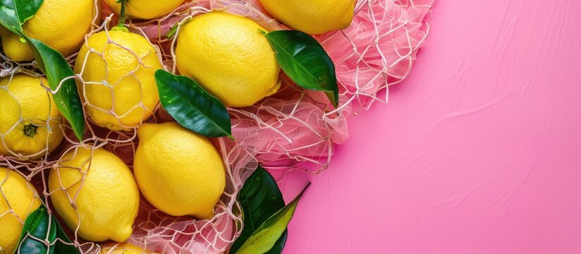A copy space image featuring lemons in a sustainable net on a pink backdrop symbolizing Earth Day zero waste and recycling