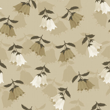 Simple beige repeat pattern of realistic bellflowers scattered on a background with light gause texture. Vintage monochromatic floral print for textiles and decoration.