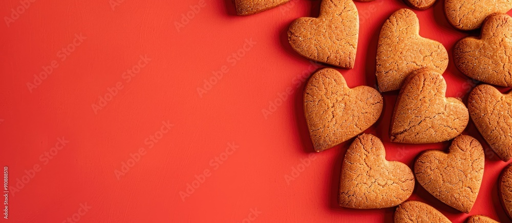 Aufkleber top view of heart shaped gingersnap cookies on a red backdrop with space for text or images. creativ