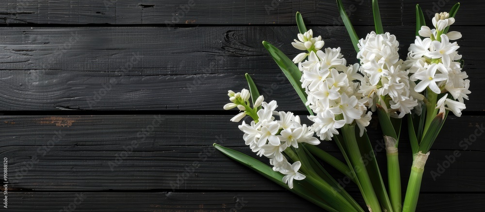 Aufkleber hyacinth flowers in a white color against a black wooden table with space for text or images. creati